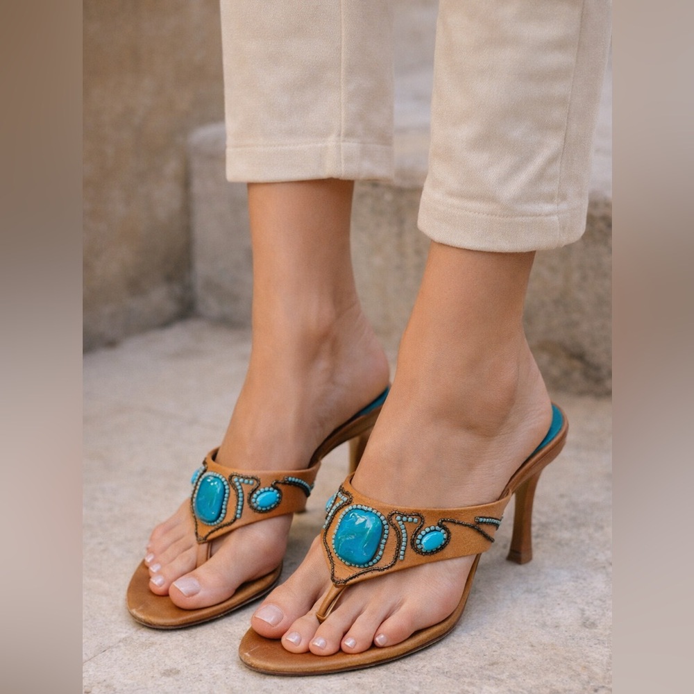 Le Silla Turquoise Embellished Leather Heeled Sandals – Made in Italy – Size 37